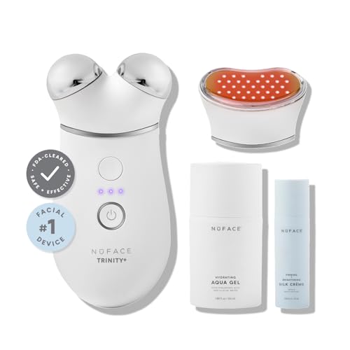 NuFACE TRINITY+ Microcurrent Facial Device + LED Red Light Wrinkle Reducer Attachment - FDA Cleared Skin Tightening Device + Microcurrent Gel Activator & Silk Creme