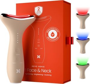 61326A-wxpL Genie | 3-in-1 Face & Neck Beauty Massager with Heat, 3 Light Therapies, Smart Vibration | Red Light, Blue Light, Green Light Therapy for Wrinkles, Hyperpigmentation, Acne & More - Beige