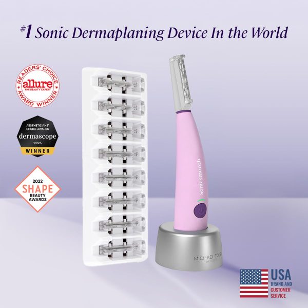 Michael Todd Beauty Sonicsmooth Dermaplane Razor for Women Face + Eyebrow trimmer Dermaplaning System - Peach Fuzz Remover - 8 Weeks of Dermaplaning Blades