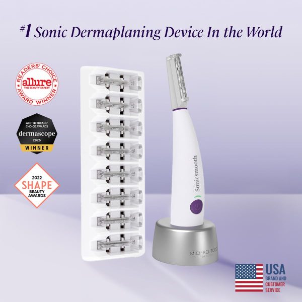 Michael Todd Beauty Sonicsmooth Dermaplane Razor for Women Face + Eyebrow trimmer Dermaplaning System - Peach Fuzz Remover - 8 Weeks of Dermaplaning Blades