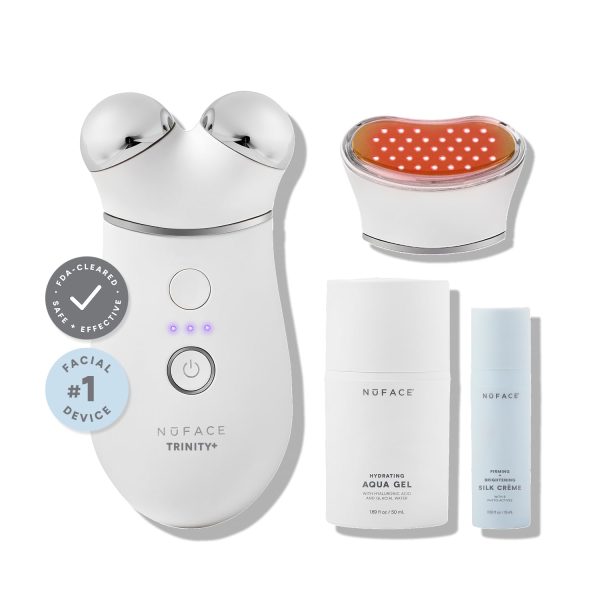 NuFACE TRINITY+ Microcurrent Facial Device + LED Red Light Wrinkle Reducer Attachment - FDA Cleared Skin Tightening Device + Microcurrent Gel Activator & Silk Creme